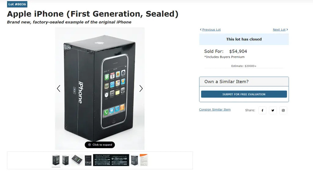 未刷新 6.3 万美元纪录，RR Auction 拍卖的初代未拆封 iPhone 成拍价 54904 美元
