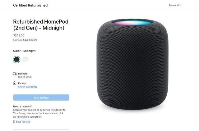 苹果美国上架第二代 HomePod 翻新机：售 249 美元