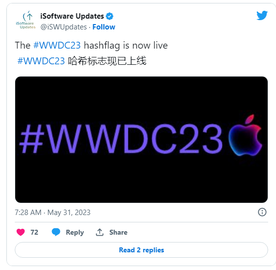 苹果迎接开发者大会，在推特上启用 #WWDC23 Hashflag